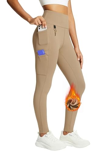 BALEAF Damen Fleece gefütterte Leggings Hoch taillierte Wanderleggings wasserdichte Thermo-Laufhose mit Reißverschlusstaschen Braun M von BALEAF