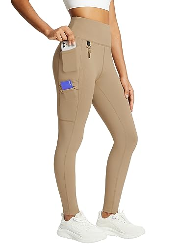 baleaf Damen Fleece gefütterte Leggings Wasserabweisend Hohe Taille Wanderleggings Thermo Leggings Fahrradhose Laufhose mit Reißverschlusstaschen Braun M von baleaf