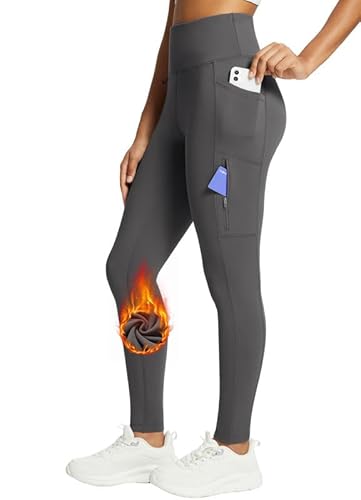 BALEAF Damen Fleece gefütterte Leggings Hoch taillierte Wanderleggings wasserdichte Thermo-Laufhose mit Reißverschlusstaschen Grau 2XL von BALEAF