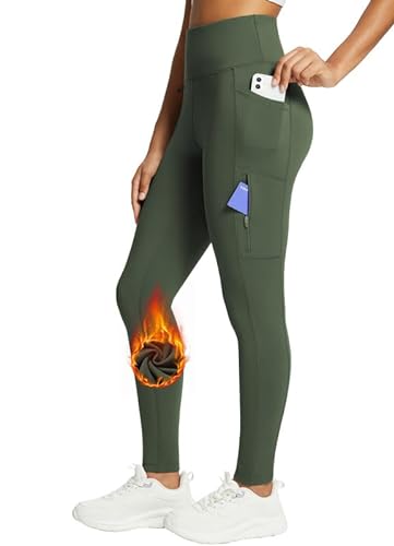 BALEAF Damen Fleece gefütterte Leggings Hoch taillierte Wanderleggings wasserdichte Thermo-Laufhose mit Reißverschlusstaschen Grün S von BALEAF