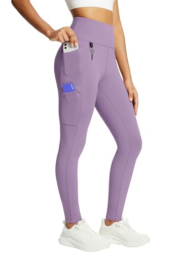 baleaf Damen Fleece gefütterte Leggings Wasserabweisend Hohe Taille Wanderleggings Thermo Leggings Fahrradhose Laufhose mit Reißverschlusstaschen Violettrosa XL von baleaf