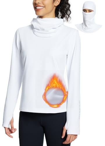 BALEAF Damen Fleeced Thermo Shirts Langarm Thermo Unterwäsche Oberteil mit Daumenloch Masken für Skifahren Laufen Winter Weiß M von BALEAF