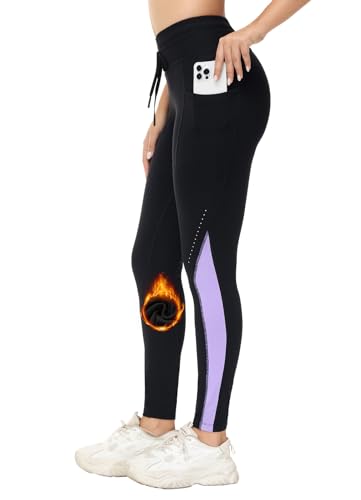 BALEAF Damen Fleeced Wasserdicht Leggings High Waisted Thermo Hose mit Taschen Winter Yoga Laufen Lila S von BALEAF