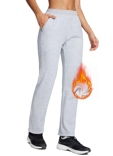 BALEAF Jogginghose Damen Baumwolle Winter Fleece Gefütterte Thermohosen mit Verdickte Freizeithose Sporthose Geradem Bein Sweatpants Grau S von BALEAF