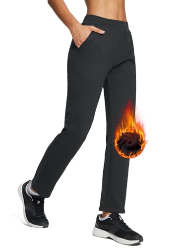 BALEAF Jogginghose Damen Baumwolle Winter Fleece Gefütterte Thermohosen mit Verdickte Freizeithose Sporthose Geradem Bein Sweatpants Schwarz L von BALEAF