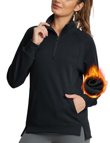 baleaf Damen Hälfte Zip Sweatshirt Fleece Pullover Langarm Stand Kragen Crop Sweatshirts mit Taschen Daumenloch Schwarz L von baleaf