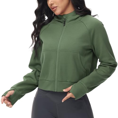 BALEAF Damen Hoodies Sweatshirts Zip Up Fleece Pullover Stehkragen Langarm Crop Tops mit Daumenloch Grün M von BALEAF