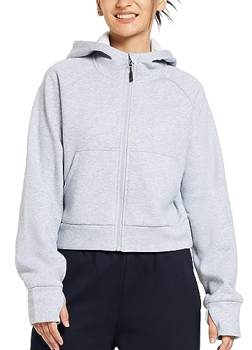 BALEAF Damen Hoodies Sweatshirts Zip Up Fleece Pullover Stehkragen Langarm Crop Tops mit Daumenloch Hellgrau M von BALEAF