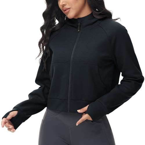 BALEAF Damen Hoodies Sweatshirts Zip Up Fleece Pullover Stehkragen Langarm Crop Tops mit Daumenloch Schwarz L von BALEAF