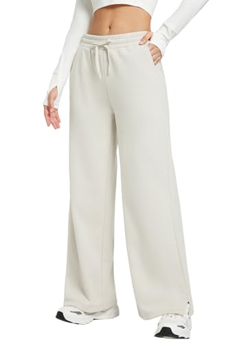 baleaf Damen Jogginghose weites Bein Fleece Lined gefüttert Thermo Yogahose Baumwolle Freizeithose Straighthose lang mit Taschen Beige XL von baleaf