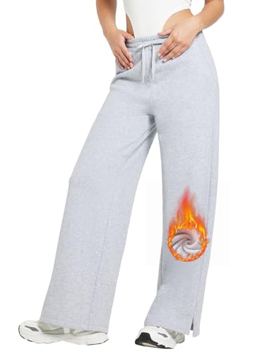 BALEAF Damen Jogginghose weites Bein Fleece Lined gefüttert Thermo Yogahose Baumwolle Freizeithose Straighthose lang mit Taschen Grau L von BALEAF