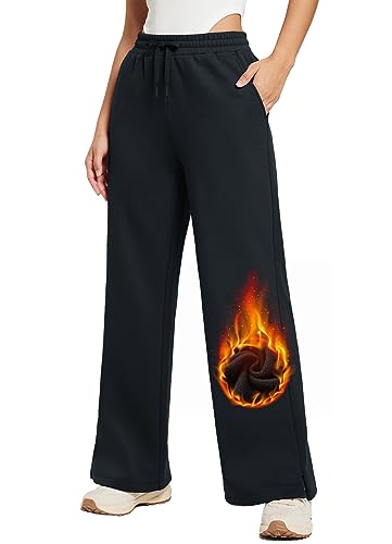 BALEAF Damen Jogginghose weites Bein Fleece Lined gefüttert Thermo Yogahose Baumwolle Freizeithose Straighthose lang mit Taschen Schwarz M von BALEAF