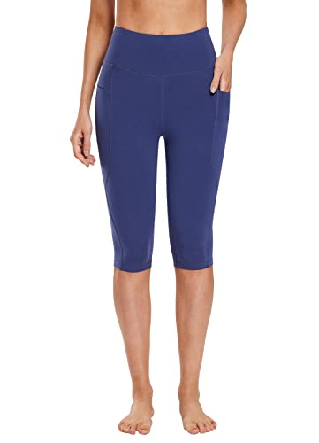 BALEAF Damen Knielang Baumwolle Capri Leggings mit Taschen, High Waisted Sommer Yogahose Workout Dunkelblau L von BALEAF