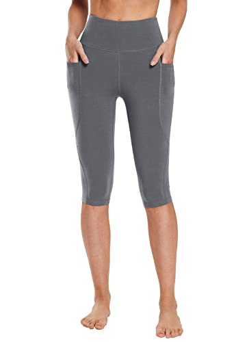 BALEAF Damen Knielang Baumwolle Capri Leggings mit Taschen, High Waisted Sommer Yogahose Workout Dunkelgrau S von BALEAF