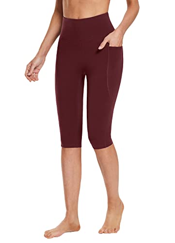 BALEAF Damen Knielang Baumwolle Capri Leggings mit Taschen, High Waisted Sommer Yogahose Workout Rot 2XL von BALEAF