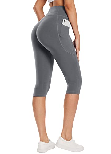 BALEAF Damen Knielang Leggings mit Taschen Baumwolle Capris Yogahose 17" Grau 3XL von BALEAF