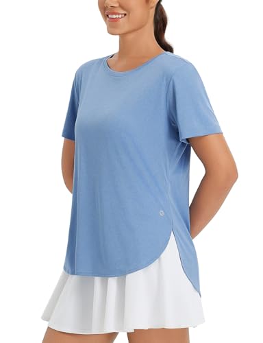 baleaf Damen Kurzarm-Sonnen-Shirt Workout Tops Rundhalsausschnitt T Shirts Laufen Shirts schnell trocken UV Heidekraut Blau XXL von baleaf