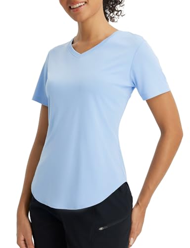 baleaf Damen Kurzarm-Sonnen-Shirts V-Ausschnitt Workout Tops Running T Shirts Running UPF50+ Quick Dry UV Hellblau XL von baleaf