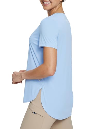 baleaf Damen Kurzarm-T-Shirts Rundhalsausschnitt Workout Tops Laufshirts Sonnenschutz Schnell trocken UV Blau XXL von baleaf