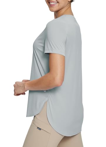 baleaf Damen Kurzarm-T-Shirts Rundhalsausschnitt Workout Tops Laufshirts Sonnenschutz Schnell trocken UV Grau L von baleaf