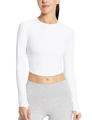 baleaf Damen Langarm Workout Tops Athletische Yoga Laufen Crop Tops Slim Fit Fitnessstudio Shirts Weiß M von baleaf