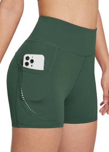 BALEAF Damen Laufshorts mit Handytasche Sportleggings high Waist Radlerhose kurz Shorts Sommer Sport Shorts eng kurz Yogahose kurz Grün XS von BALEAF