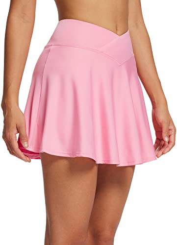 BALEAF Damen Plissee Tennisrock Crossover High Waisted Golf Athletic Active Running Skorts Röcke Taschen Sport Rock mit Shorts Minirock Schwarz Rosa XXL von BALEAF