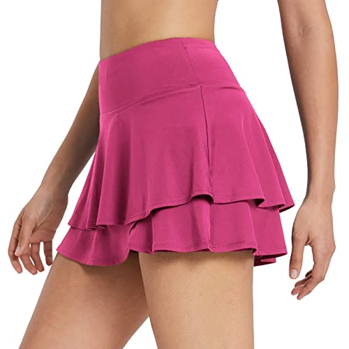 BALEAF Damen Plissee Tennisröcke Layered Rüsche Miniröcke mit Shorts für Laufen Workout Rose XXL von BALEAF