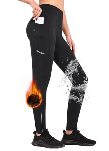 BALEAF Winter Fahrradhose Damen Lang mit Reißverschluss am Knöchel Warm Thermoleggins Winter Gefüttert Jogginghose Thermo Laufhose Wasserdicht Outdoor Hosen Winterhose Schwarz XS von BALEAF