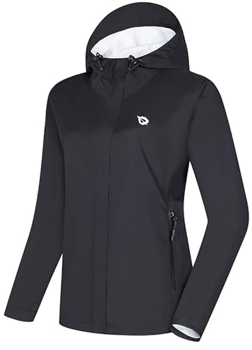 BALEAF Damen Regenjacke Outdoorjacke wasserdicht 10000mmH2O winddicht atmungsaktiv leicht Übergangsjacke mit Kapuze Windbreaker für Wandern Outdoor Reisen Radfahren Schwarz M von BALEAF