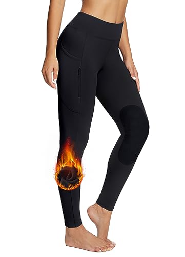 BALEAF Damen Reithose Winter Reitleggings Kniebesatz wasserabwiesend Thermoleggings gefüttert mit Handytasche für Frauen Mädchen Schwarz L von BALEAF