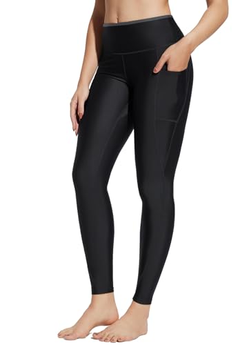 BALEAF Damen Schwimmen Leggings mit Reißverschluss Taschen Swim Wetsuit Rash Guard Hose mit Liner Modest Bademode UPF 50+ Schwarz 3XL von BALEAF