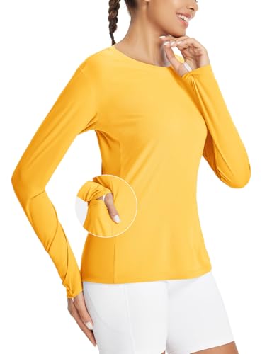 baleaf Damen Sportshirt Langarm UPF 50+ Sonnenschutz Langarm T Shirt Wandershirt Leicht Schnelltrockend Gelb S von baleaf