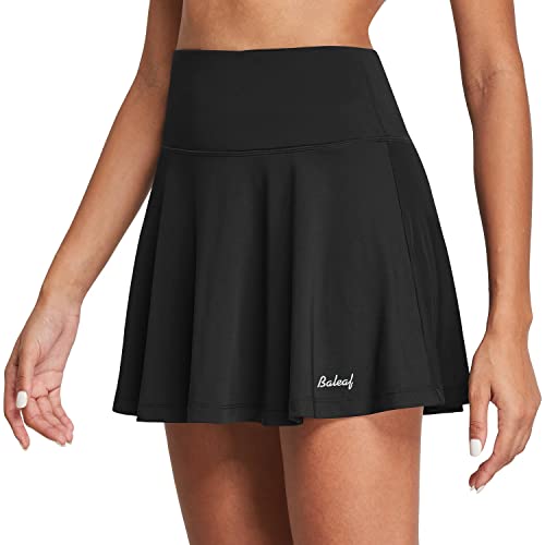 BALEAF Damen Tennisrock mit Hose Sportrock High Waist Plissiert Minirock Golfrock Hosenrock Sommerrock Skirt mit Taschen Schwarz L von BALEAF