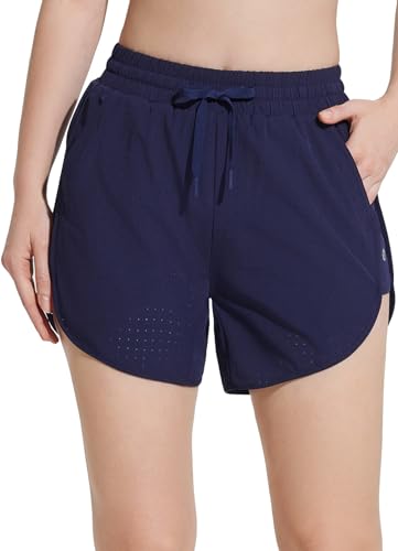 BALEAF Damen Sprint Schwimmen 5-Zoll Gestanzte Elastische Taille Kurze Strandhose Blau L von BALEAF