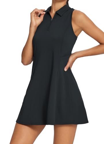 BALEAF Damen Tenniskleid Ärmelloses Golf Kleid mit eingebauten Shorts Training Athletische Kleider mit Taschen Schwarz XL von BALEAF