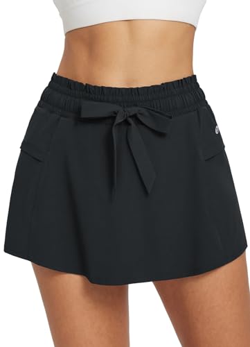 baleaf Damen Tennisröcke 2 in 1 High Waisted Golf Cargo Running Skorts Shorts mit Reißverschlusstaschen Quick Dry Röcke Schwarz M von baleaf