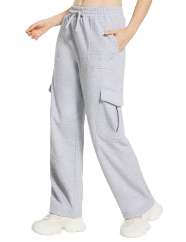 baleaf Damen Thermo Jogginghose Damen Baumwolle Trainingshose Winter Fleece Gefütterte Sporthose mit Taschen Laufhose Outdoor Hosen Freizeithose Grau XS von baleaf