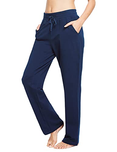 BALEAF Damen Thermo Jogginghose Baumwolle Yogahose mit Taschen Geradem Bein Hose Sweathose Freizeithose Lang Weites Bein Straighthose Dunkle Blau S von BALEAF