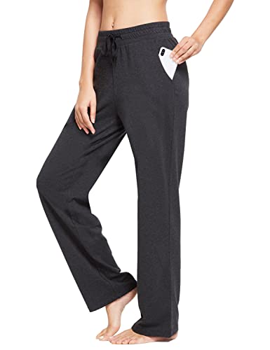 BALEAF Damen Thermo Jogginghose Baumwolle Yogahose mit Taschen Geradem Bein Hose Sweathose Freizeithose Lang Weites Bein Straighthose Holzkohle Grau L von BALEAF