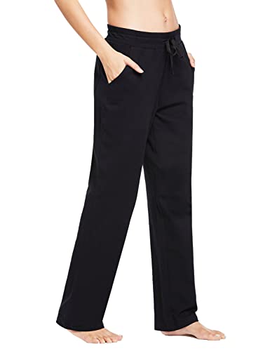 BALEAF Damen Thermo Jogginghose Baumwolle Yogahose mit Taschen Geradem Bein Hose Sweathose Freizeithose Lang Weites Bein Straighthose Schwarz M von BALEAF