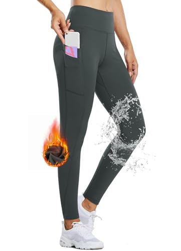 BALEAF Damen Thermo Leggings Wasserabweisend Hose Winter Laufhose Sporthose Wanderhose Fleece gefüttert mit Seitentaschen Grau S von BALEAF