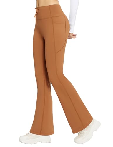 baleaf Damen Thermo Yogahose High Waist Flared Leggings Winter Fleece gefütterte Thermohose Drawstring Thermal Leggings Bootcut Bell Bottom Warm Jogginghose mit Taschen Karamell XL von baleaf