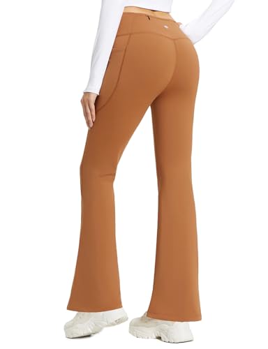 baleaf Damen Thermo Yogahose High Waist Flared Leggings Winter Fleece gefütterte Thermohose Drawstring Thermal Leggings Bootcut Bell Bottom Warm Jogginghose mit Taschen Karamell XS von baleaf