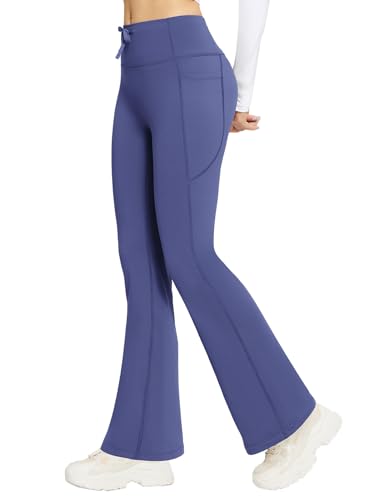 baleaf Damen Thermo Yogahose High Waist Flared Leggings Winter Fleece gefütterte Thermohose Drawstring Thermal Leggings Bootcut Bell Bottom Warm Jogginghose mit Taschen Marineblau XXL von baleaf