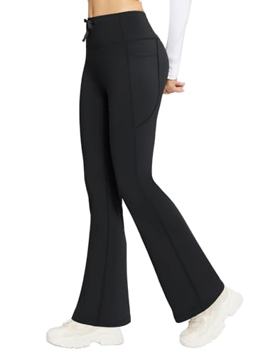 baleaf Damen Thermo Yogahose High Waist Flared Leggings Winter Fleece gefütterte Thermohose Drawstring Thermal Leggings Bootcut Bell Bottom Warm Jogginghose mit Taschen Schwarz M von baleaf