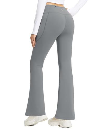 baleaf Damen Thermo Yogahose High Waist Flared Leggings Winter Fleece gefütterte Thermohose Drawstring Thermal Leggings Bootcut Bell Bottom Warm Jogginghose mit Taschen Dunkelgrau XL von baleaf