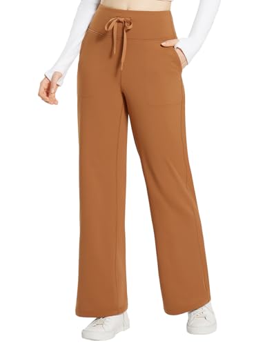 baleaf Damen Thermo Yogahose Weite Hose mit Taschen Jogginghose Hohe Taille Winter Warme Comfy Lounge Sporthose Trainingshose Kordelzug Braun XL von baleaf