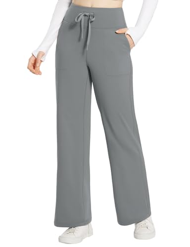 baleaf Damen Thermo Yogahose Weite Hose mit Taschen Jogginghose Hohe Taille Winter Warme Comfy Lounge Sporthose Trainingshose Kordelzug Grau L von baleaf