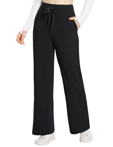 baleaf Damen Thermo Yogahose Weite Hose mit Taschen Jogginghose Hohe Taille Winter Warme Comfy Lounge Sporthose Trainingshose Kordelzug Schwarz XXXL von baleaf